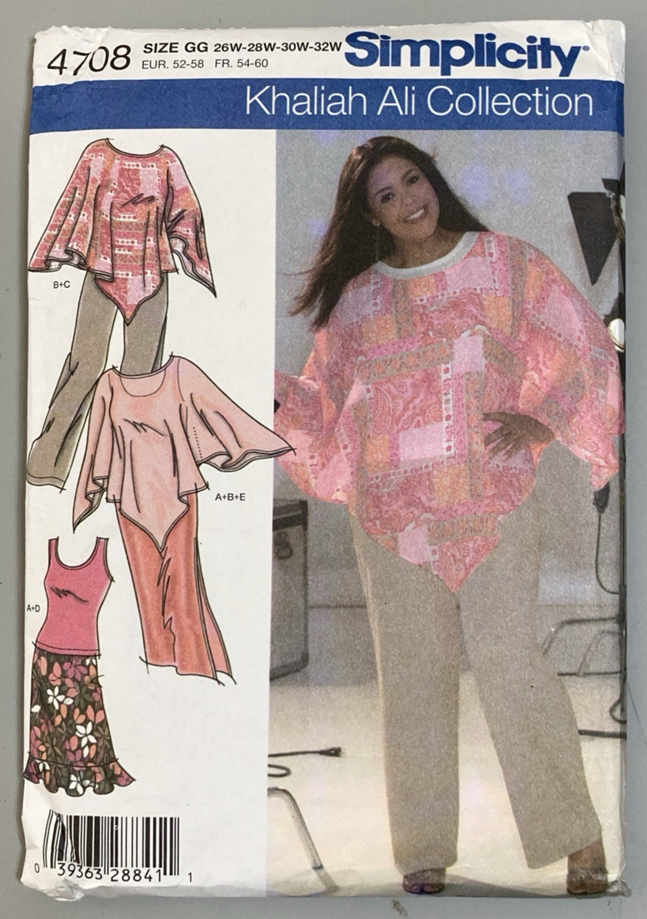 Simplicity 4708 Pattern Khaliah Ali Womens Skirt Pants Poncho Top 26W-32W UNCUT